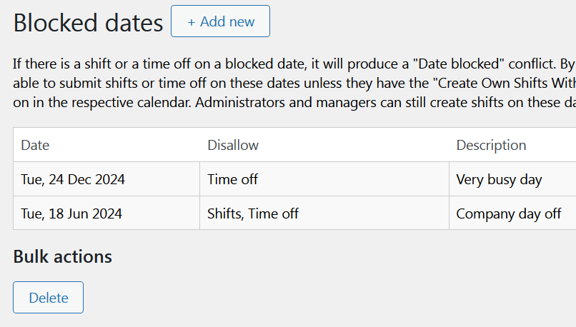 Manage blocked dates for shifts and time off